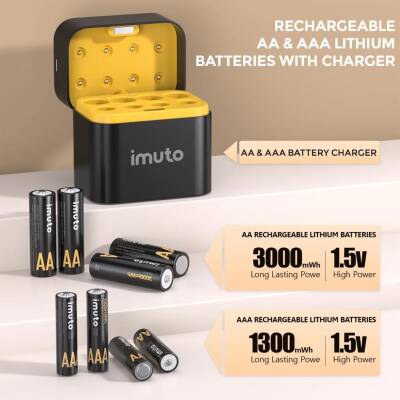 Imuto 3000mWh AA & 1300mWh AAA Lityum Şarjlı Pil Seti (4+4) Yuvalı Şarj Ünitesi - 2